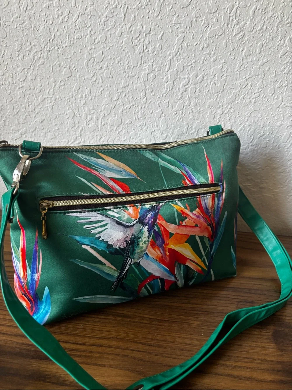 Green Hummingbird Print Crossbody Bag
